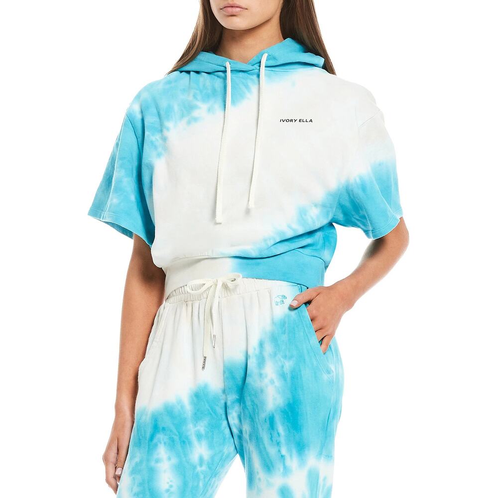 Ivory Ella Womens Hoodie Size Large Short‎ Sleeve Cropped Tie Dye Blue Tan
